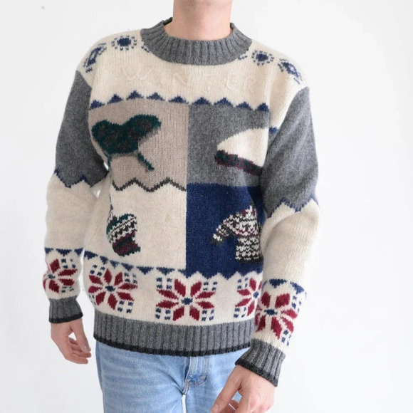 Muskoka Other - Vintage Muskoka Lakes Grey & Cream 100% Shetland Wool "Winter" Design Size Large